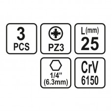 65472 STHOR Set 3 biti pozidrive PZ3, prindere hex..